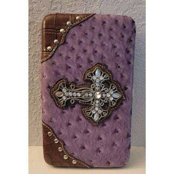 Fleur De Lis Cross Purse Wallet Faux Ostrich Snap Closure Purple Brown Western - Picture 1 of 13